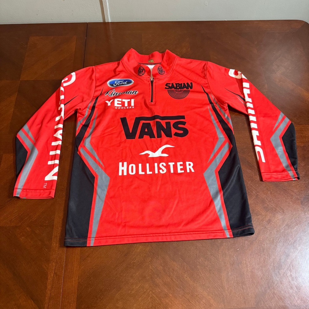 YXL Red Long Sleeve Fishing Shirt Ford Yeti Vans Hollister Sabian Mens - Picture 1 of 11